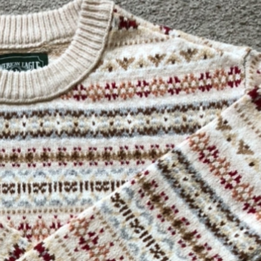 AE Outfitters Fair Isle Crewneck with Red and Tan Accents. - Picture 2 of 2